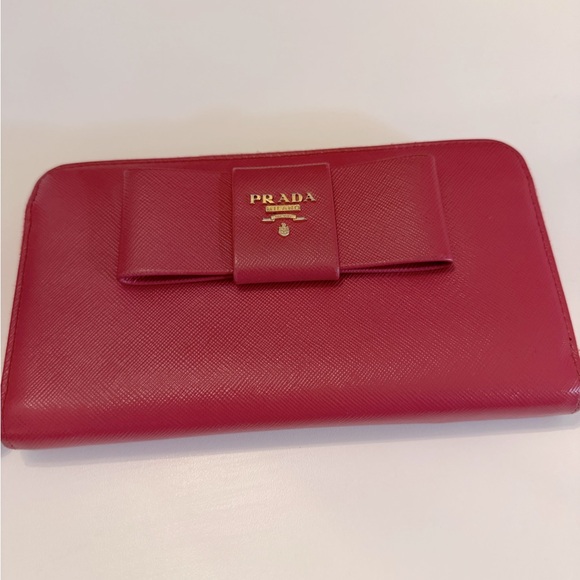 Prada Prada Red Saffiano Leather Bow Zip Around Wallet - Picture 1 of 12